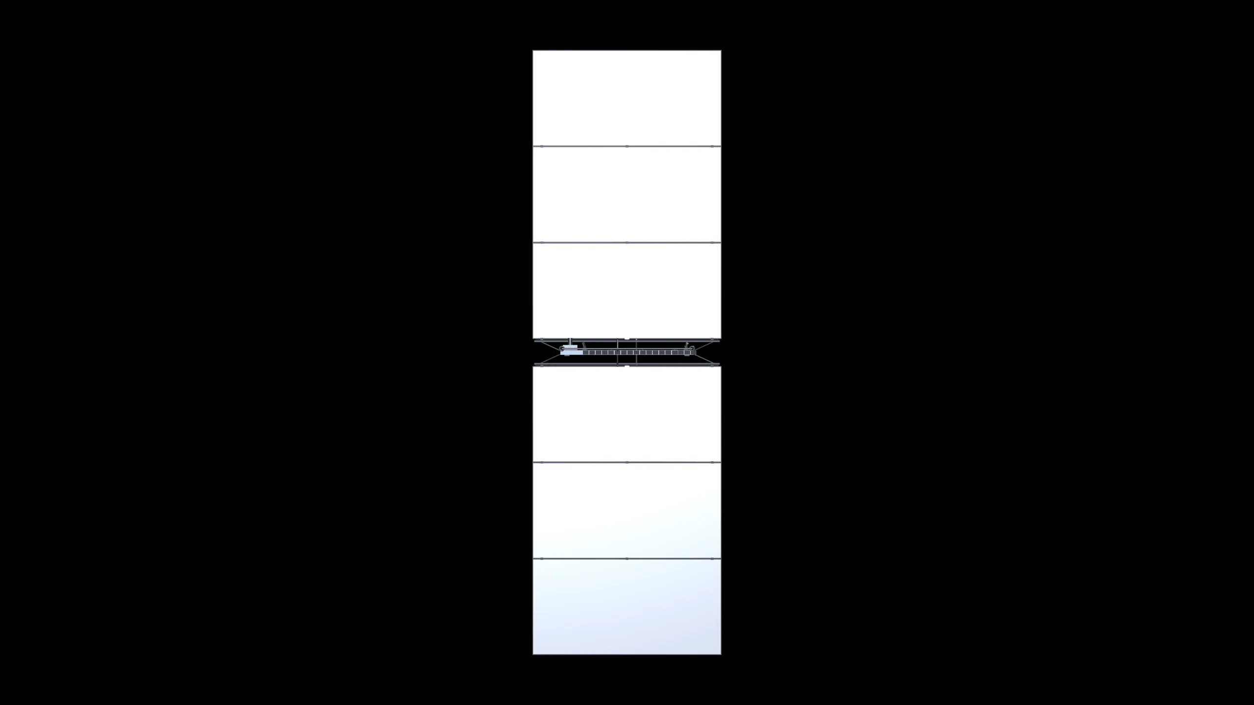 CAD render of CS1 seen from the front: six radiator panels in a vertical column with the spine at the center