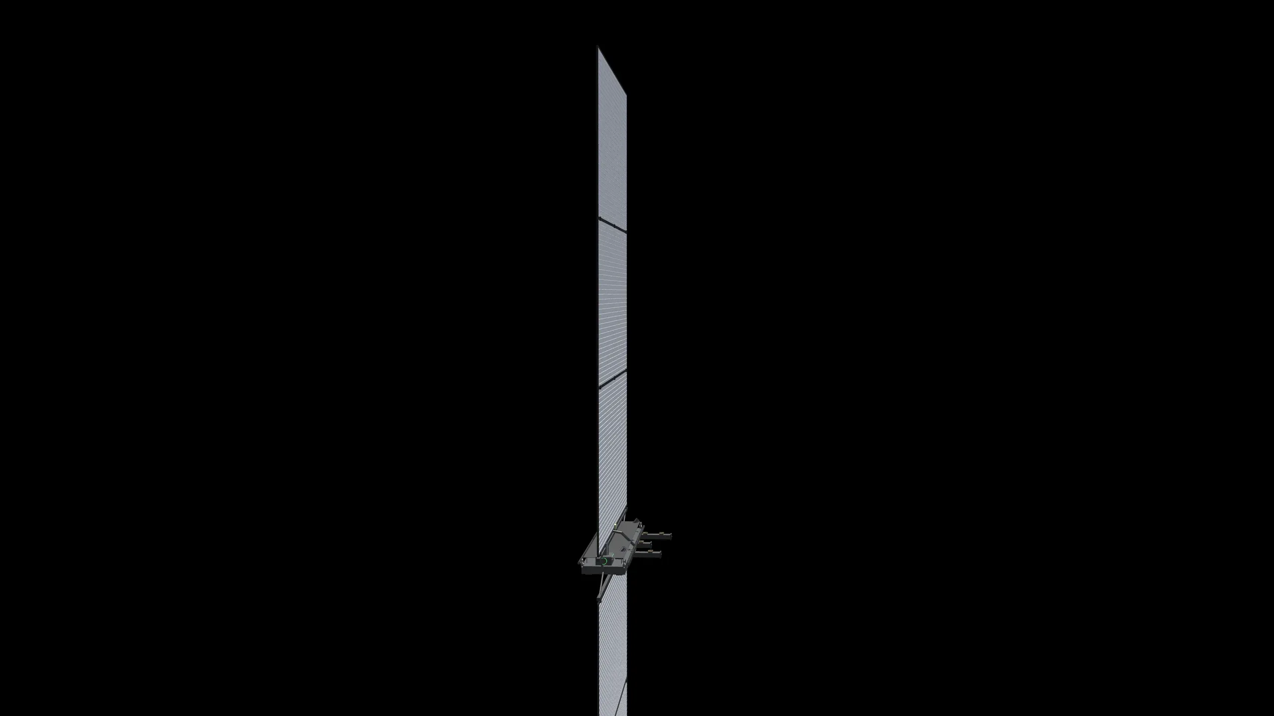 CAD render of the CS1 radiator seen edge on, a thin vertical line against black