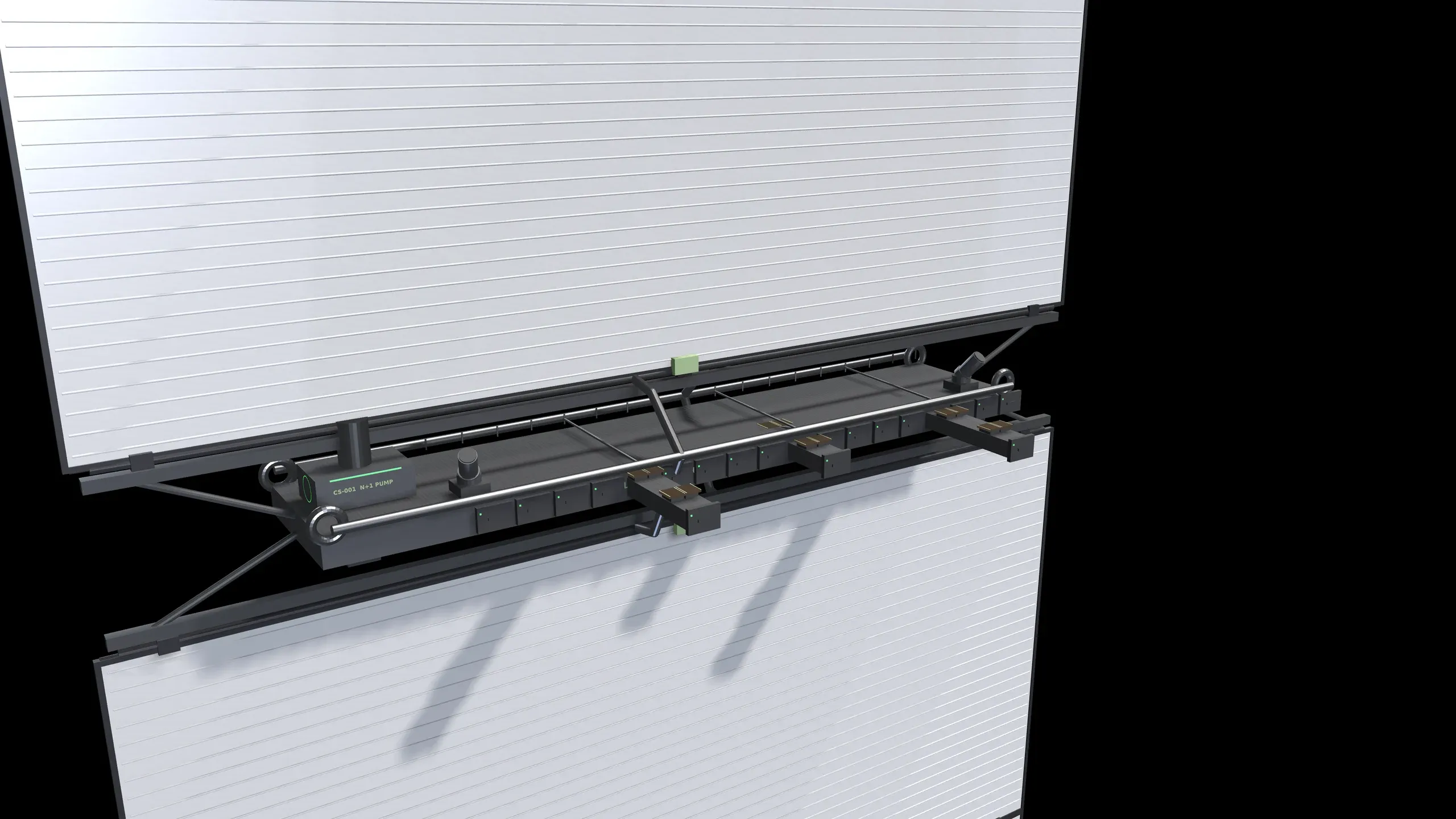 CAD render of the CS1 central spine with the pump module, coolant mains and compute trays between two radiator panels
